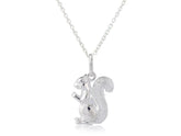 A sterling silver squirrel pendant on a chain, displayed against a white background.